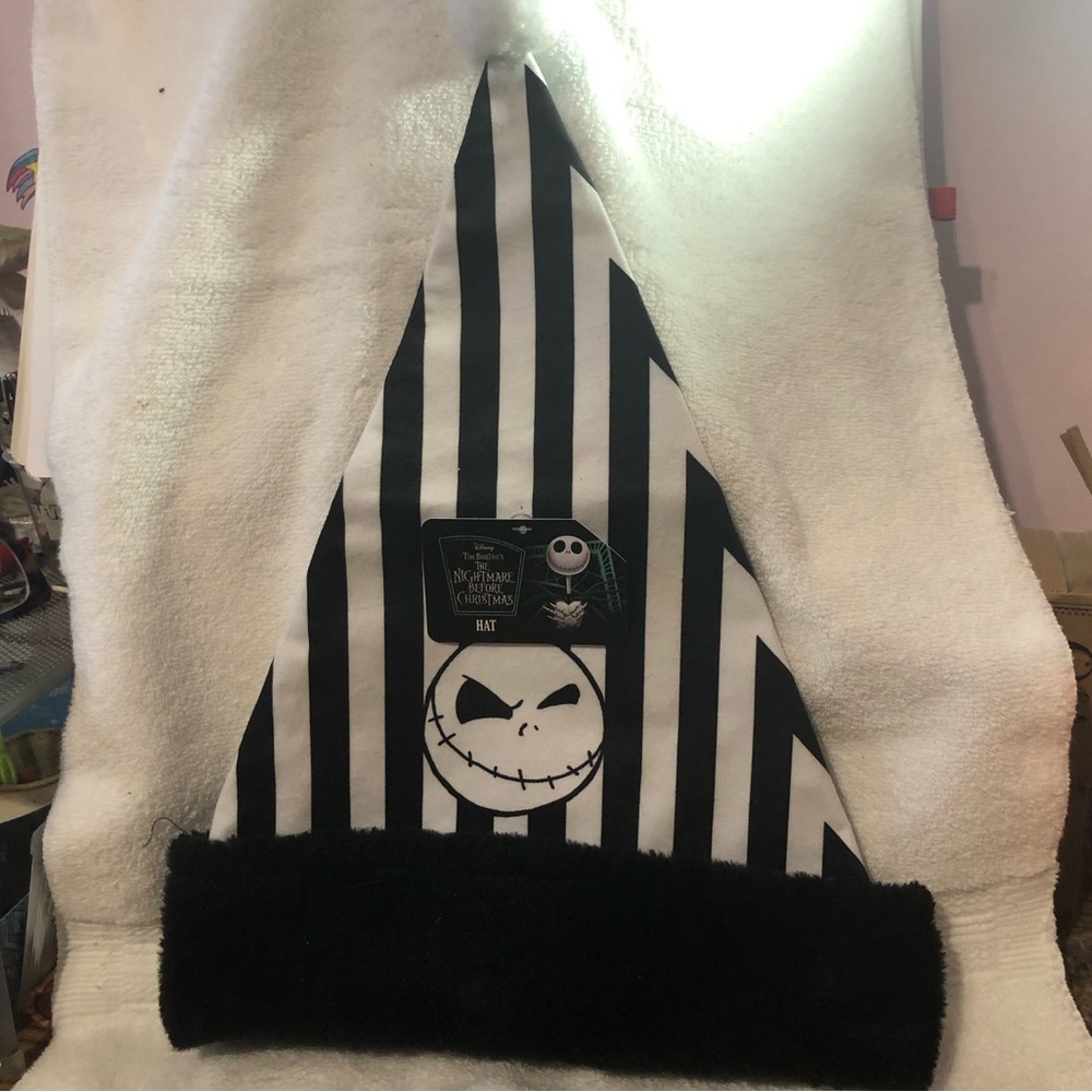 Disney The Nightmare Before Christmas black and white striped Santa hat NWT